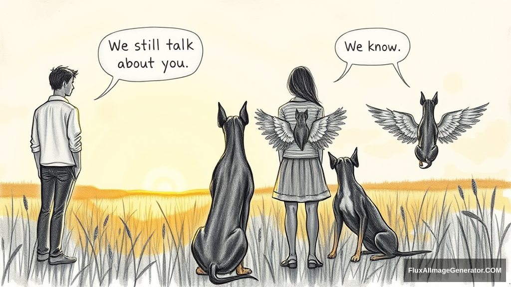 Messy, expressive pencil illustration: 4 silhouetted figures—2 male, 2 female—stand in a lush meadow at golden hour. 3 ethereal, winged Dobermans sit beside them. Facing away from the viewer. Speech bubbles float above: "We still talk about you" (human), "We know" (dog). Nostalgic atmosphere, loose brushstrokes convey wistful longing.