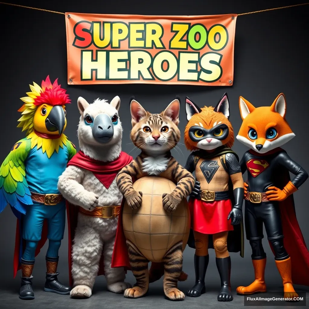 5 animal-themed superheroes, themed around a parrot, llama, cat, turtle, and fox. They pose for a photo beneath a banner that reads "Super Zoo Heroes." - Image