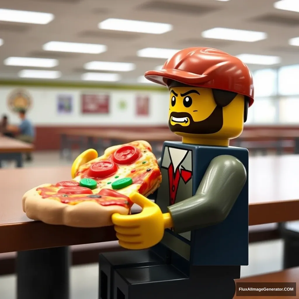 A Lego man eating a real pizza. Sitting in a high school cafeteria. - Image