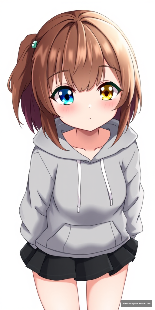 One anime girl with the left eye blue and the right eye yellow and brown hair. Cute looking, short, full body wearing a gray hoodie with a black skirt. - Image