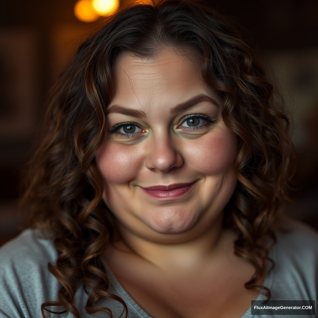 A realistic looking chubby (not fat) woman is gazing into the camera. She looks madly in love with a man, which you can see in her eyes. She feels anxious as she is unsure how he feels about her. However, she also feels confident about herself and who she is. Her eyes are blurred, her hair is long and brown with natural curls. There are dim lights in the background. Her cheeks radiate a warm blush, and her slight smile shows her inner peace and tranquility. She is not insecure about her figure at all. She does not have any makeup on her face; her imperfections shine like the sun.