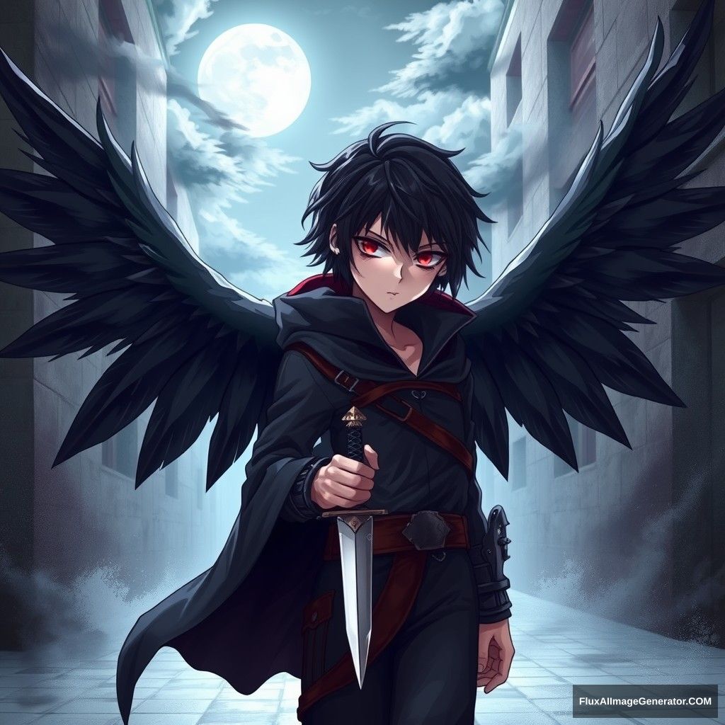 "Assassin boy, with raven wings, red eyes, black hair, black feathers shimmering faintly, wearing a lightweight black cloak, holding a silver dagger, sharp gaze, background of an alley, moonlight filtering through clouds onto the ground, creating a mysterious and tense atmosphere." - Image