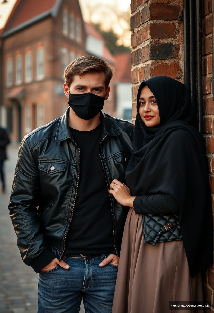 Jamie Dornan, handsome, young, black face mask, collage jacket, jeans, dating a beautiful Muslim girl in a big black hijab, with beautiful eyes, wearing a black face mask, black leather jacket, and a large skirt, standing laid against a brick wall, in a town, morning scenery, sunrise, photorealistic, street photography.