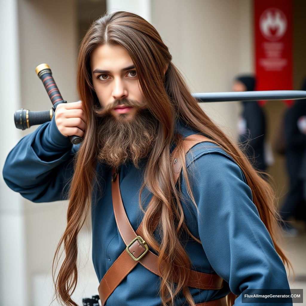 Full picture of a long brown-haired and short-bearded guy cosplaying as Rimuru, posing with his weapon. - Image