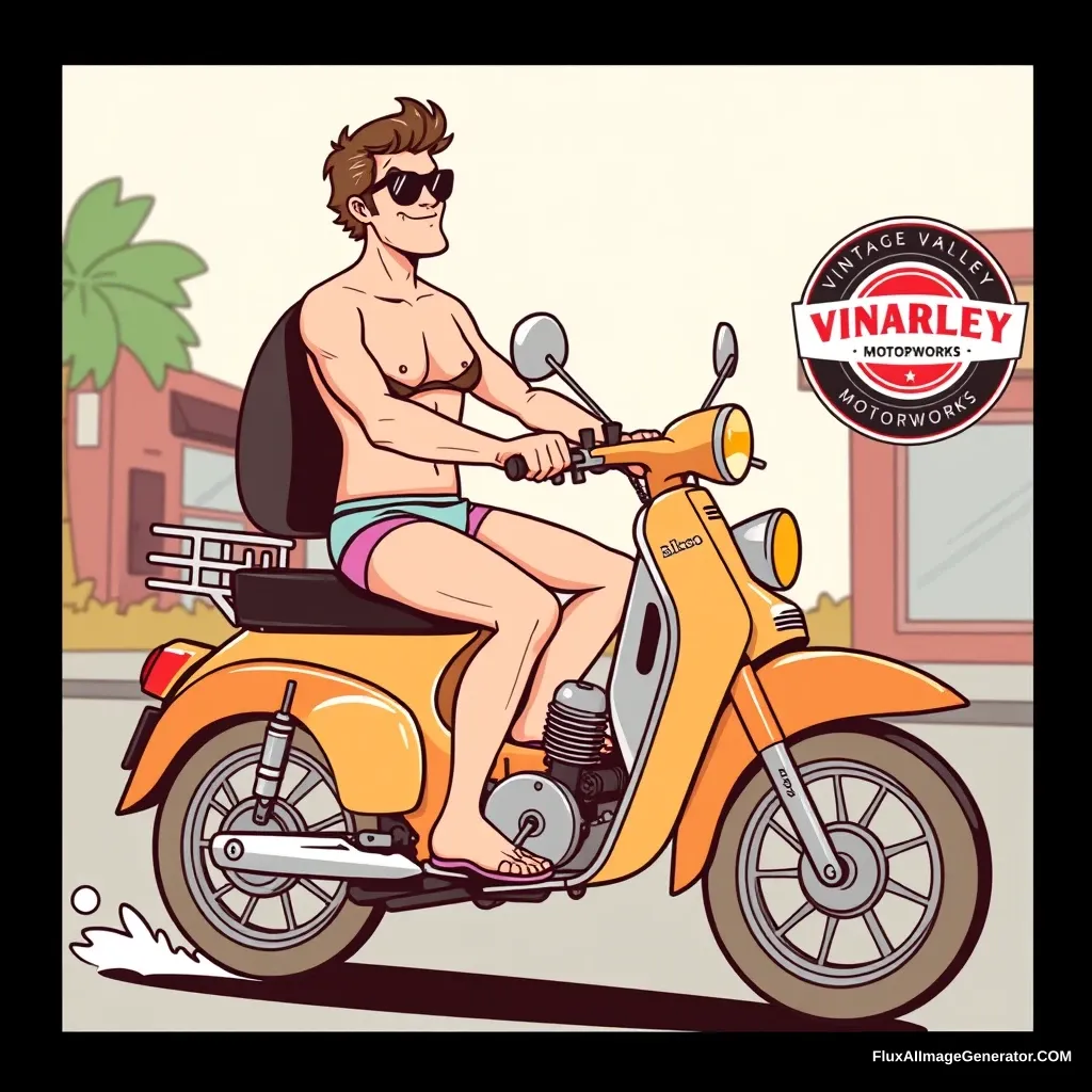 A man riding a 70's style moped, with bike pedals as a moped actually has, wearing only a bikini bottom and sunglasses, in the style of a cartoon from the early 90's, that has a logo for a moped shop called Vintage Valley Motorworks.