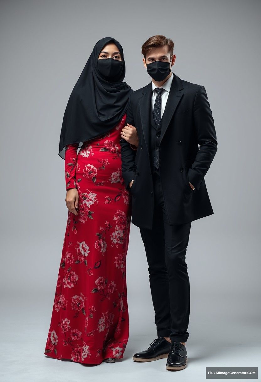 A biggest black hijab girl, beautiful eyes, face mask black, biggest red floral longest gown dress, untall, standing near him, love hold his arm,

Jamie Dornan body and face shot, handsome, youngest, face mask black, fit and tough body, black coat suit, white shirt, black pattern tie, tall man, sneaker, love standing near her,

Hyper realistic, studio photography, photorealistic.