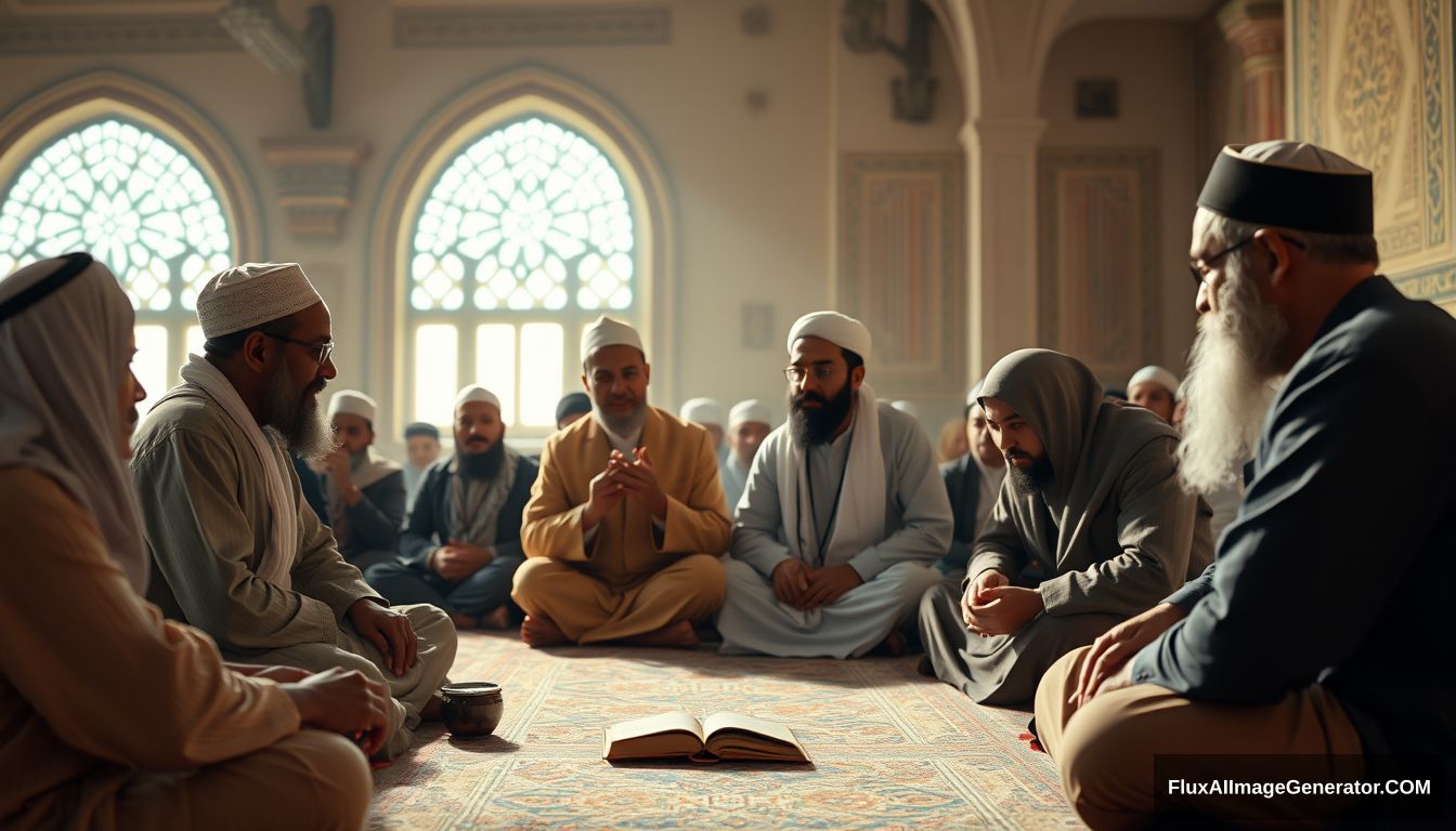 A group of Muslims discussing in Ultra HD, realistic, educational, with warm and cinematic lighting.