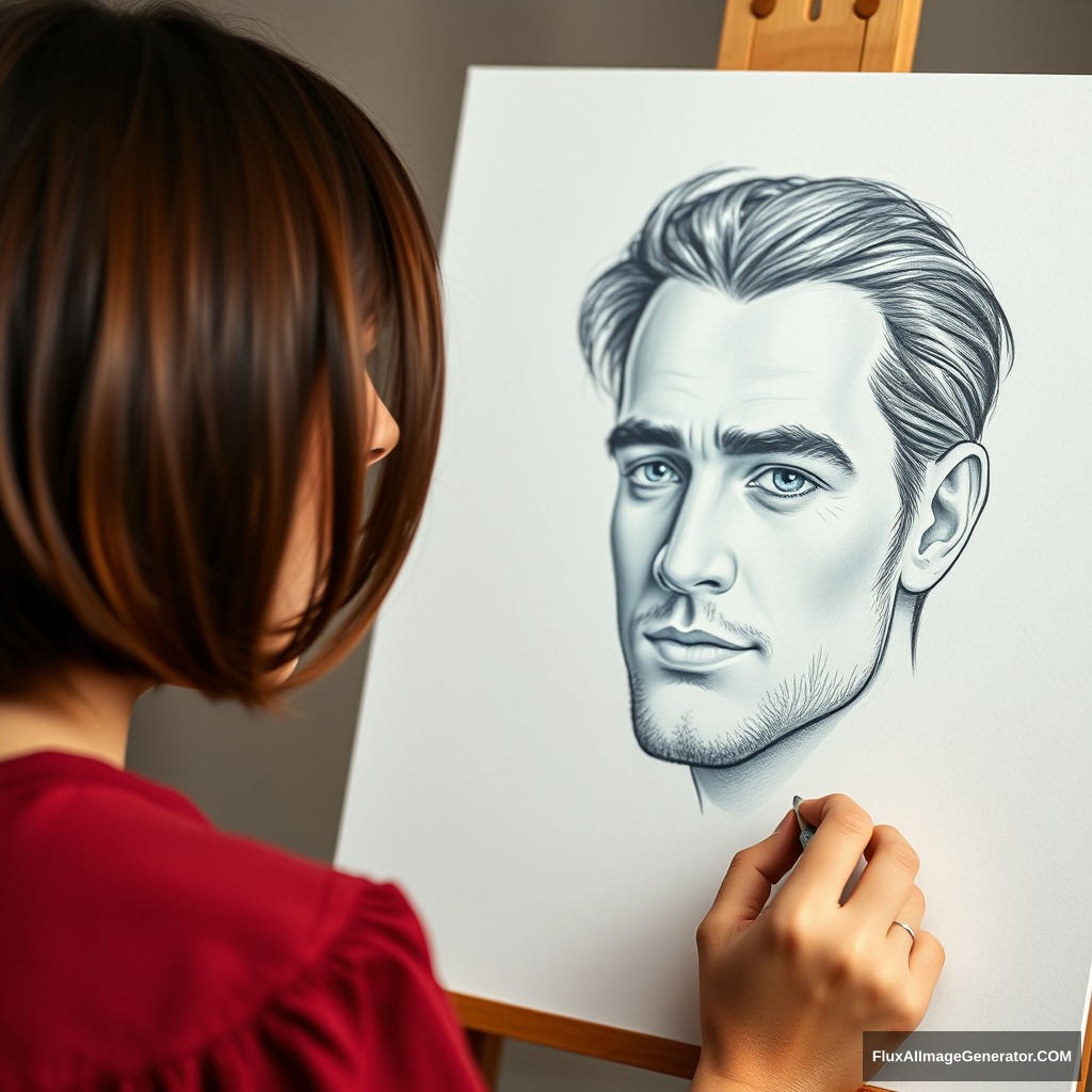 A beautiful brunette girl with a bob draws a portrait of a man's face.