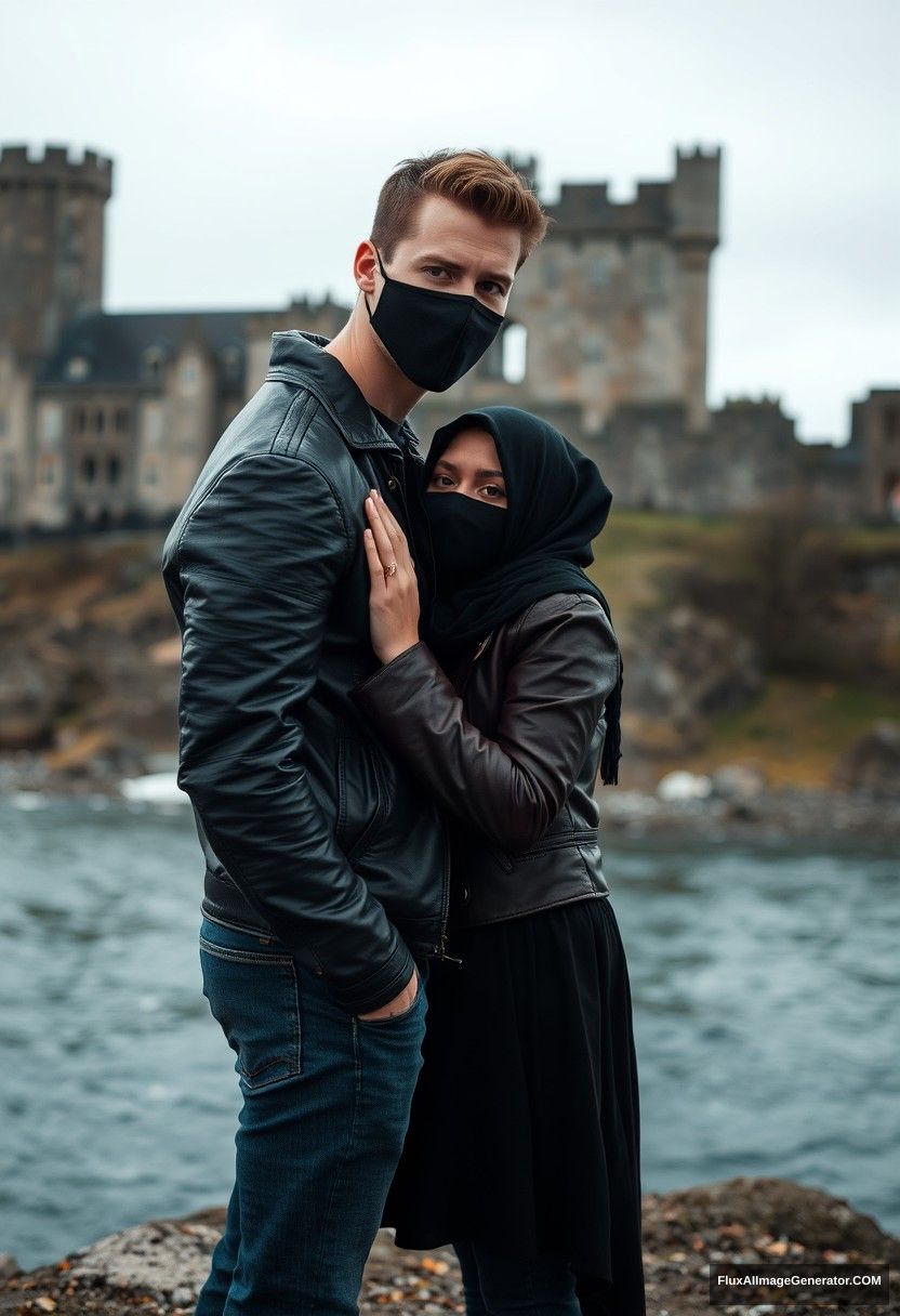 Jamie Dornan's head and body shot, handsome, youngest, face mask black, black leather jacket, jeans, dating, love with the biggest black hijab Muslim girl, not tall, beautiful eyes, face mask, maroon leather jacket, biggest black skirt, hyper realistic, studio photography, full body photo, explore at abandoned castle, at sea, gloomy scenery. - Image