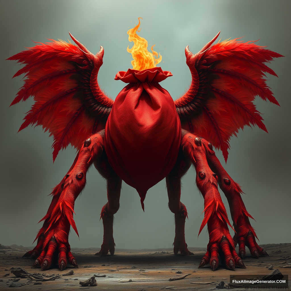 A monster shaped like a red cloth bag, as red as a flame, with six large legs, four big feathered wings, and no head.