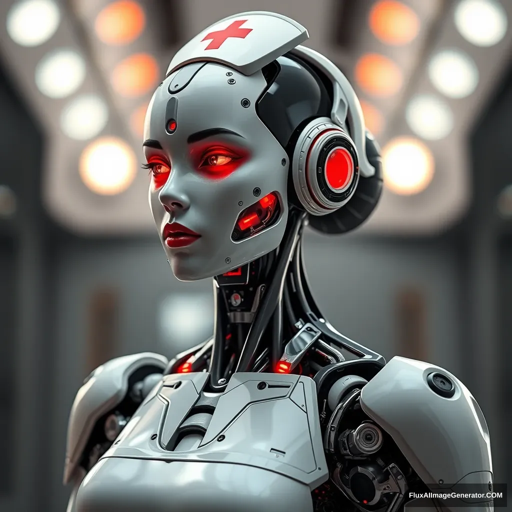 a stunning female robot that looks like a nurse, half body picture