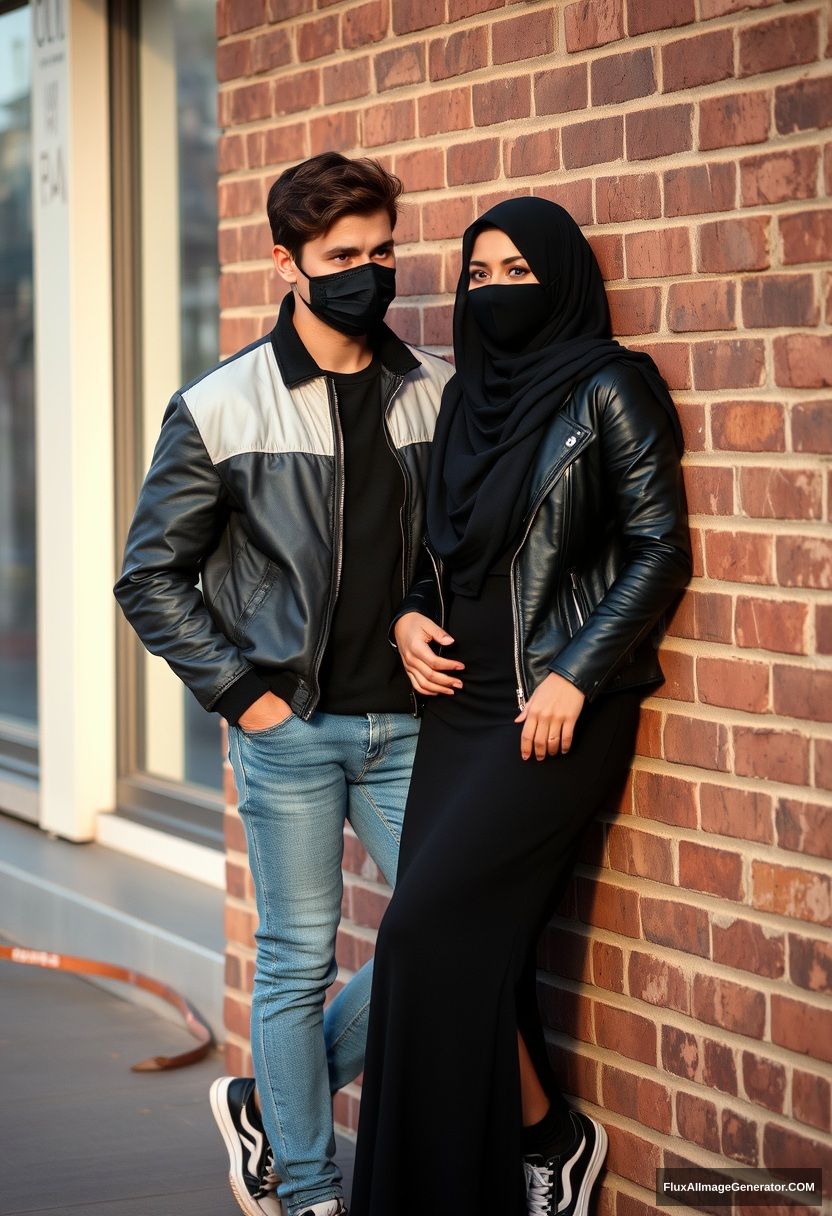 Jamie Dornan, handsome, young, black face mask, collage jacket, jeans, dating a beautiful Muslim girl in a big black hijab, with beautiful eyes, black face mask, black leather jacket, sneakers, and the longest skirt, standing or lying against a brick wall, in town, morning scenery, photorealistic street photography. - Image