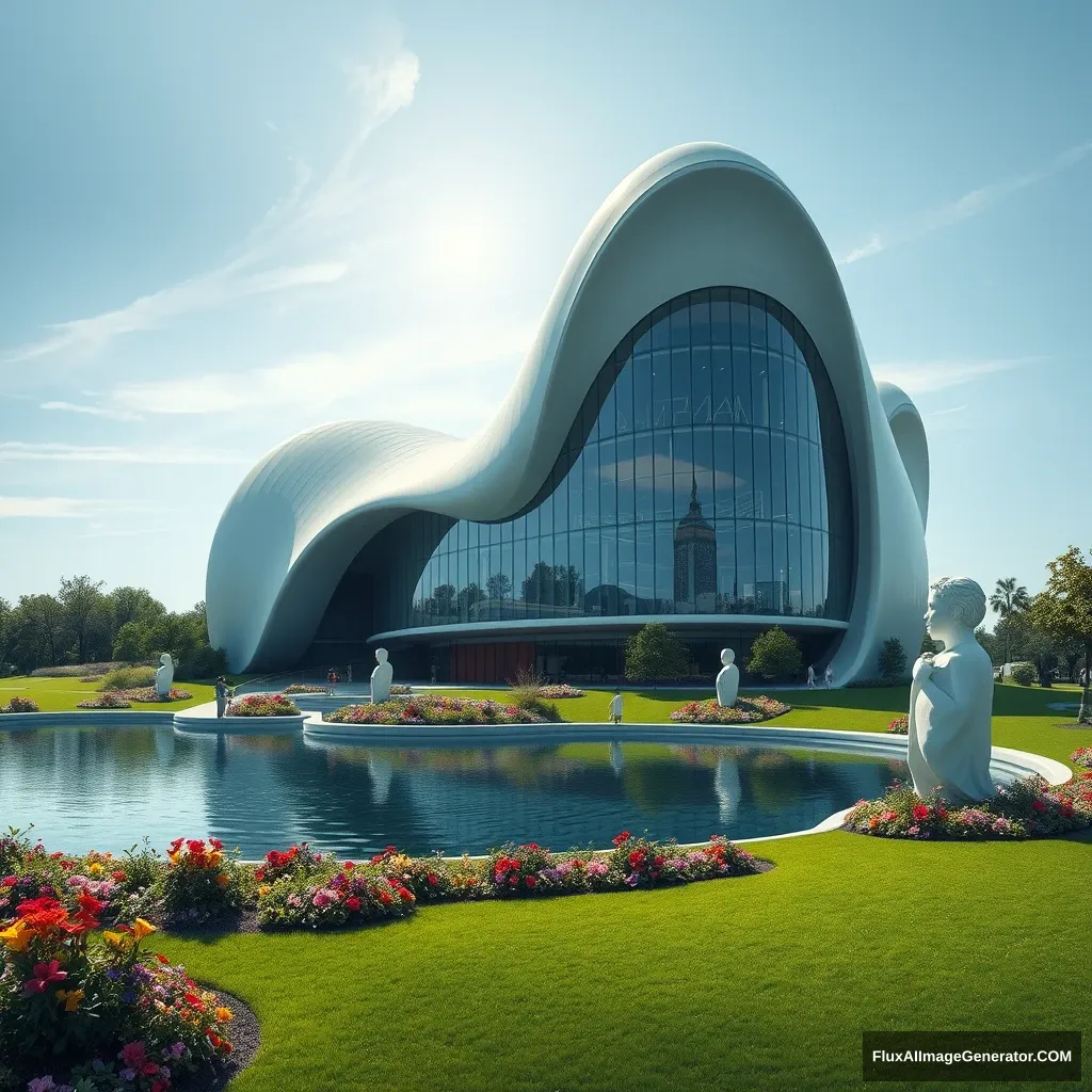 A modern and futuristic art building stands in front of us. The exterior of the building has smooth lines and a strong sense of technology, with many new building materials used, such as high-strength transparent glass and lightweight metal alloys. The shape of the building is unique, possibly a twisted geometric form or a combination of smooth curves and sharp angles. The building is surrounded by charming landscapes, including a carefully designed artificial lake. The lake water is clear and reflects the beautiful silhouette of the building. Various rare plants are planted by the lake, with colorful flowers competing for beauty. The green lawn is neatly trimmed. Unique sculptures are also dotted throughout, echoing the building and collectively forming a harmonious and beautiful scene. High-resolution image, high-quality picture, hyper-realistic, sharp focus, professional majestic oil painting, trending on ArtStation, trending on CGSociety, intricate, high detail, dramatic, photorealistic painting art by midjourney and greg rutkowski.