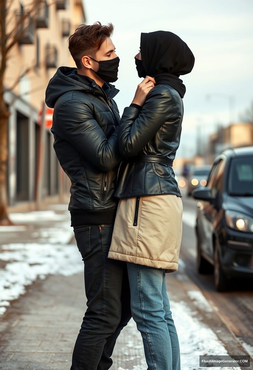 Jamie Dornan, handsome, young, wearing a black face mask, a snow jacket, and jeans, is dating the most beautiful Muslim girl in a black hijab, who has beautiful eyes. She is wearing a black face mask and a black leather jacket. They are standing together near a road in town, pinching each other's cheeks, in a photorealistic street photography scene with a winter scenery. - Image