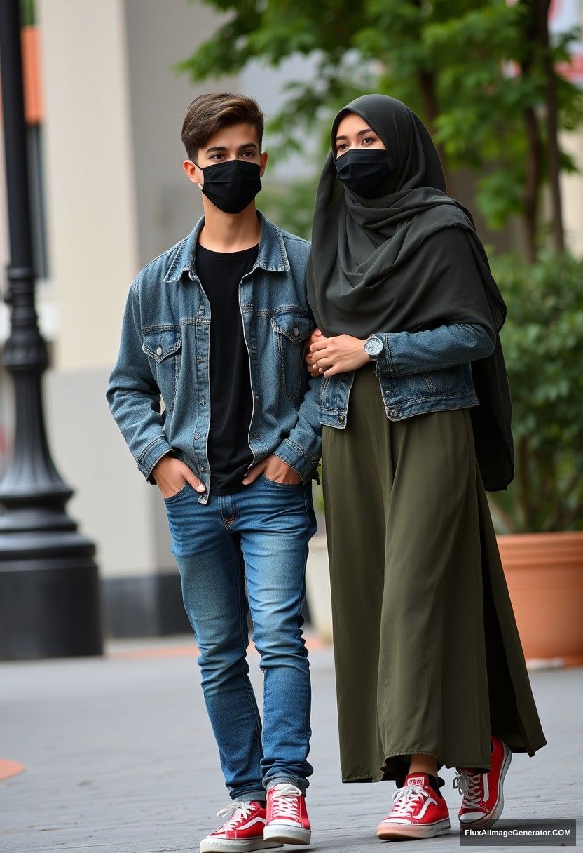 Jamie Dornan, young, black face mask, black t-shirt, capital A collage jacket, jeans, red sneakers, dating romantically with the biggest hijab, army green, Muslim girl, beautiful eyes, black face mask, jeans jacket, biggest longest skirt, sneakers, not tall girl, photorealistic, street photography, full photography.