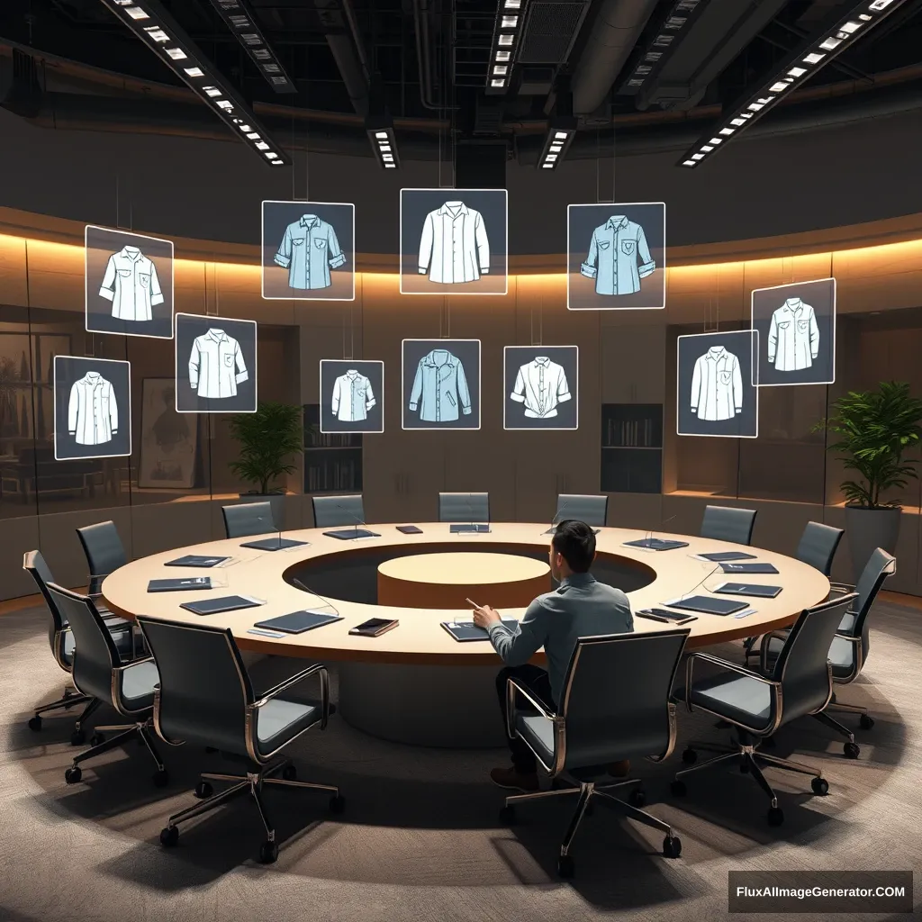 Circular meeting table, lone designer seated, multiple small holograms projecting above the table, each showing different clothing designs, modern office setting, ambient lighting, photorealistic render, wide angle --ar 16:9.