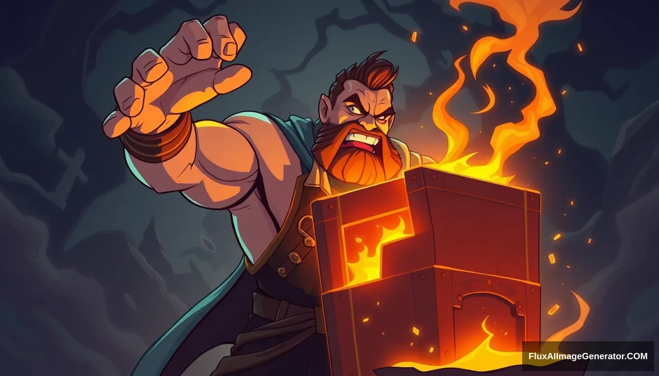 Cel-shaded art, a strong man opens a magic chest, glowing, evil, positive shot.