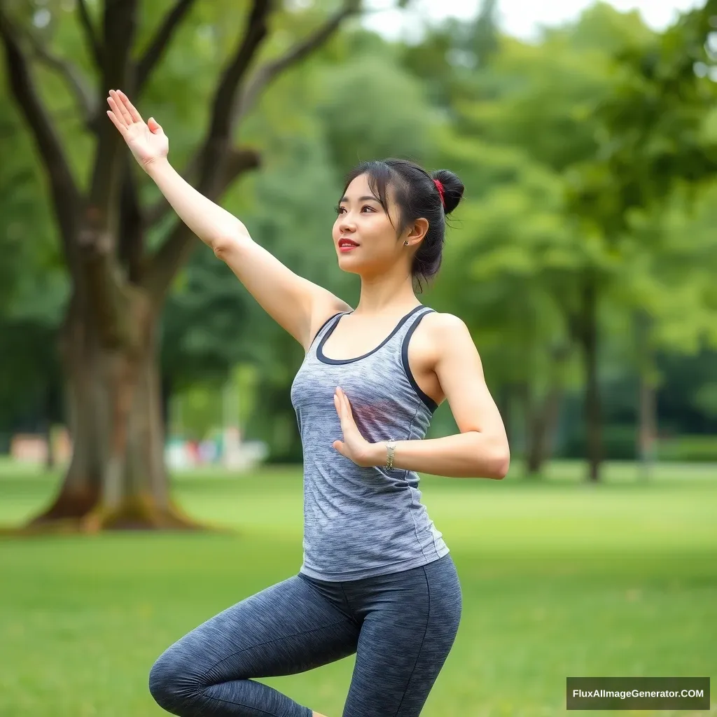 A woman doing yoga in the park, Asian, young mother, yoga sportswear. - Image