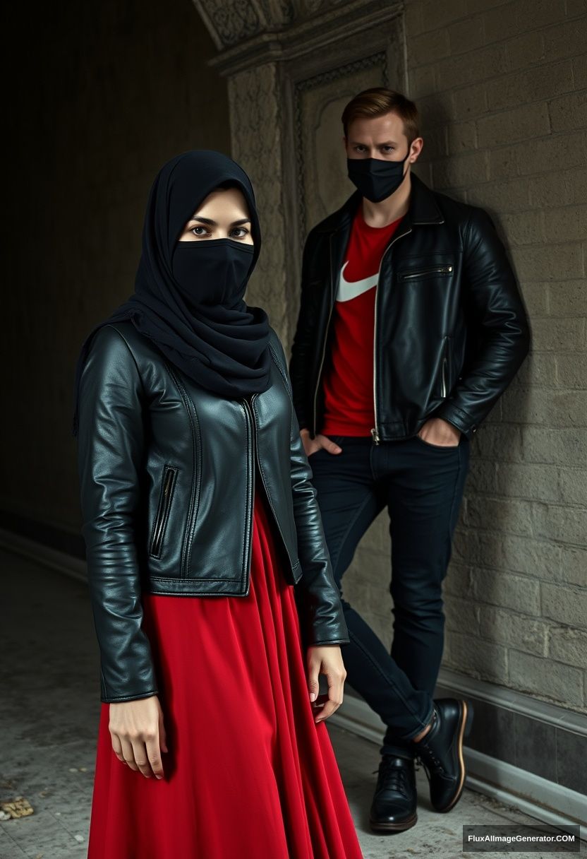 A biggest black hijab girl, beautiful eyes, face mask black, black leather jacket, biggest red longest dress, untall, lean at him,

Jamie Dornan, handsome, face mask black, fit and tough body, Nike red tshirt, black leather jacket, jeans, tall man, lean against the wall

Hyper realistic, photorealistic, studio photography, Victoria's abandoned castle, gloomy. - Image