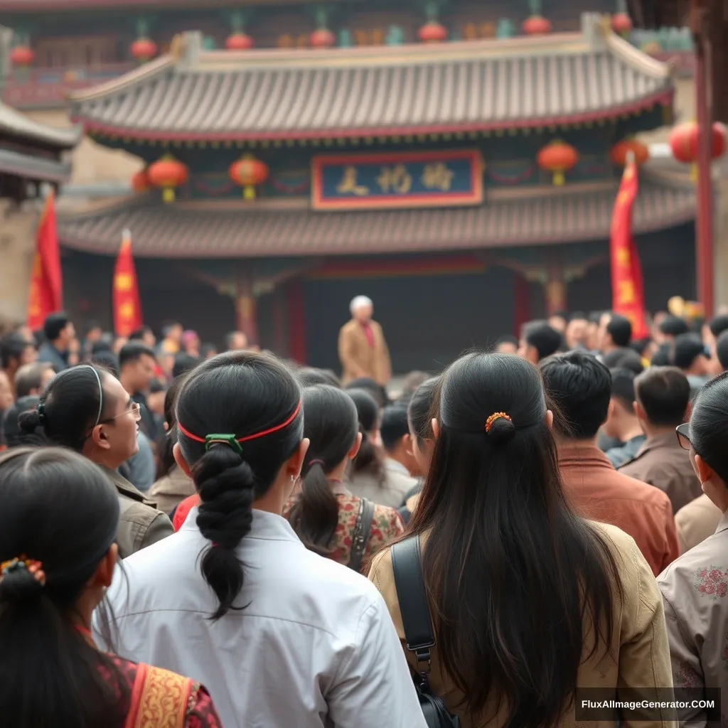 "Many Chinese people gather together, and in the distance, a person stands on the platform, talking about the knowledge of divination."