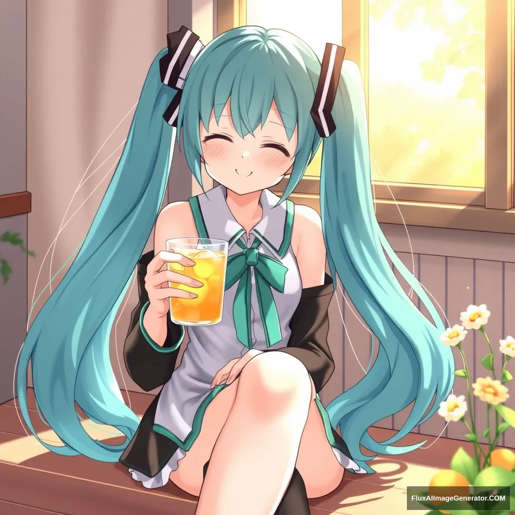 Hatsune Miku sits contentedly in the sunlight, holding a cup of refreshing lemon tea, smiling as she enjoys the tranquility and sweetness of this moment. - Image