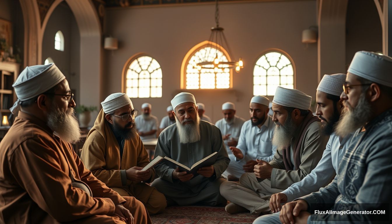 "A group of Muslims earnestly discussing in a calm and scholarly environment. Ultra HD, realistic, educational, with warm and cinematic lighting."