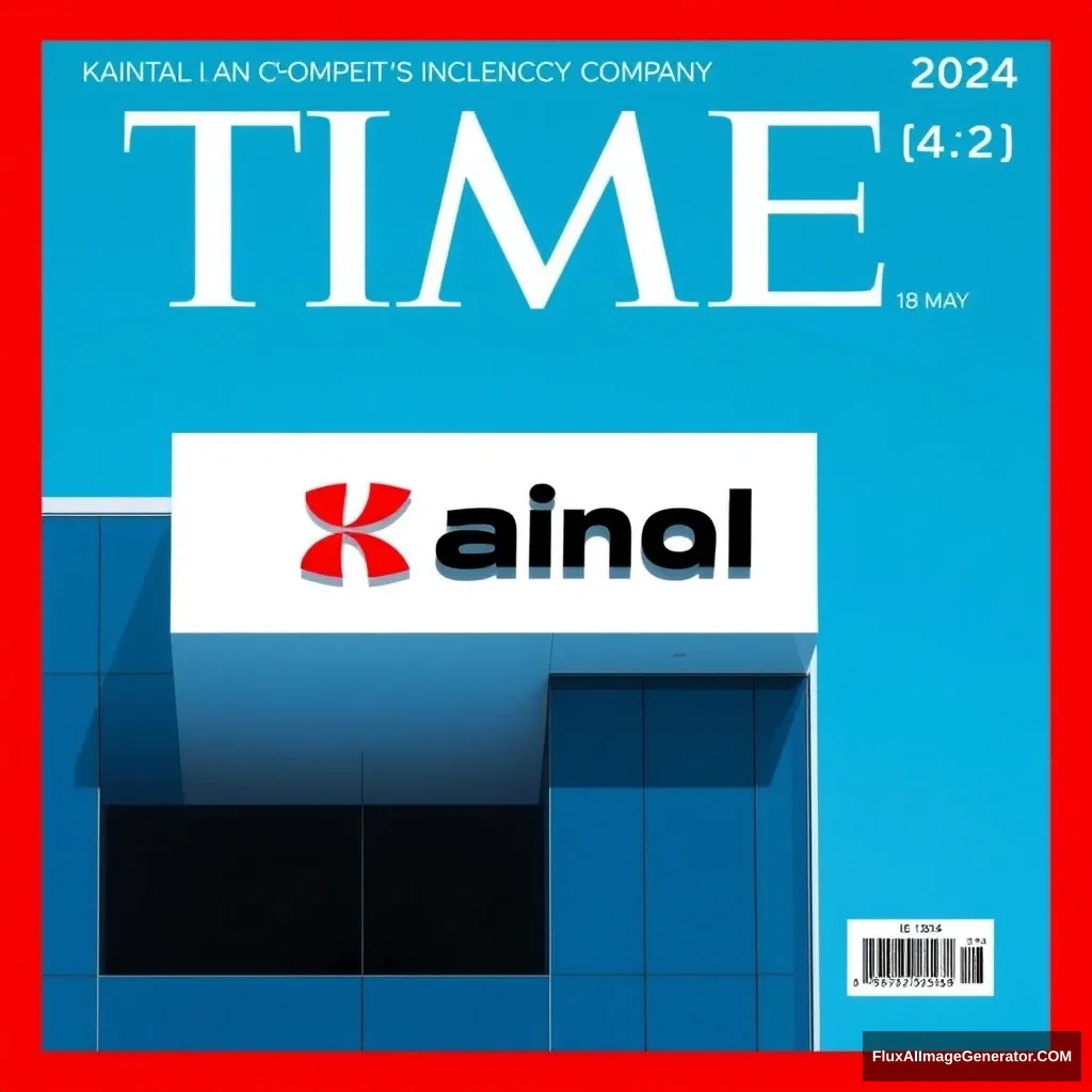 A TIME magazine cover shows a "KainoAI" company, it is a technology company, and the background is blue, the top-right corner shows the date 18 May 2024. - Image