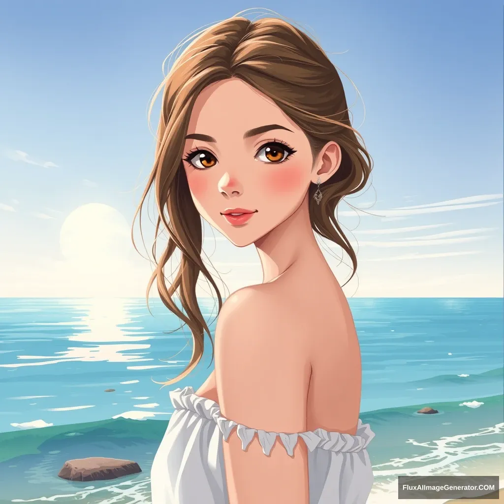 A beautiful girl by the seaside, in a two-dimensional style.