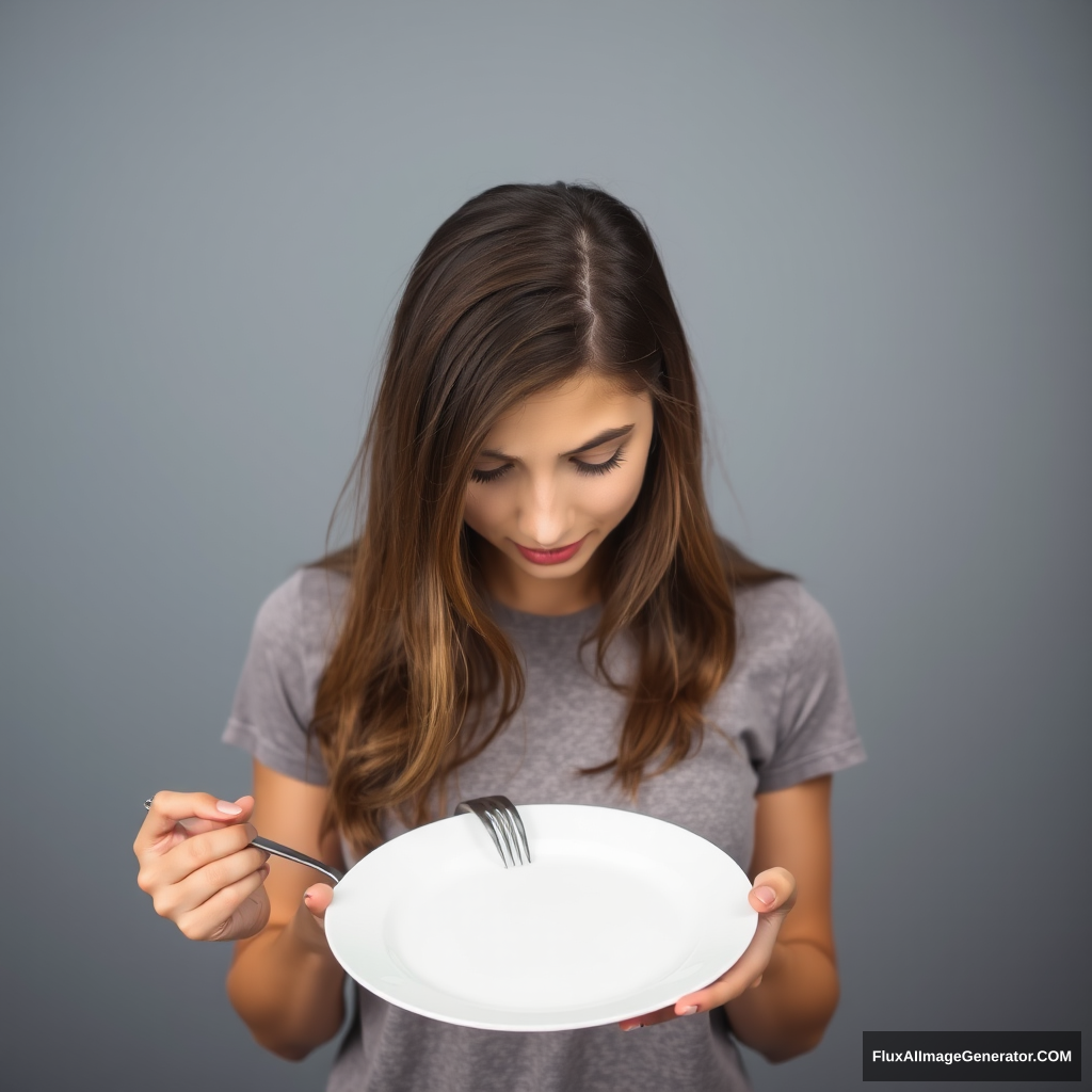 Young woman in front of an empty plate. The woman is looking down at the plate and is holding a fork.