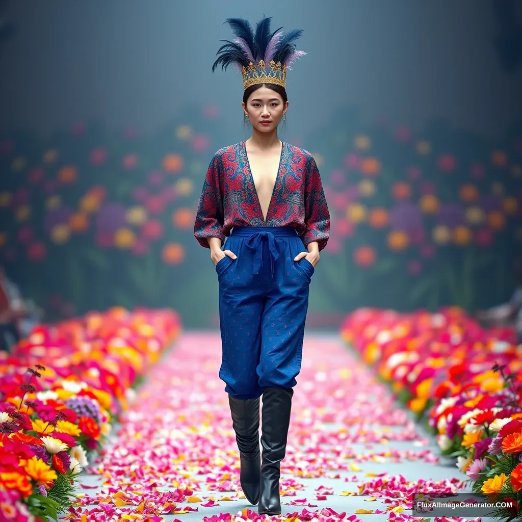 A Korean female fashion model is wearing a jumpsuit styled one-piece (colorful patterned based on blue), a feathered fancy crown, and long leather boots. The front of the top is open, and there is a colorful flower runway with a defocused background. - Image