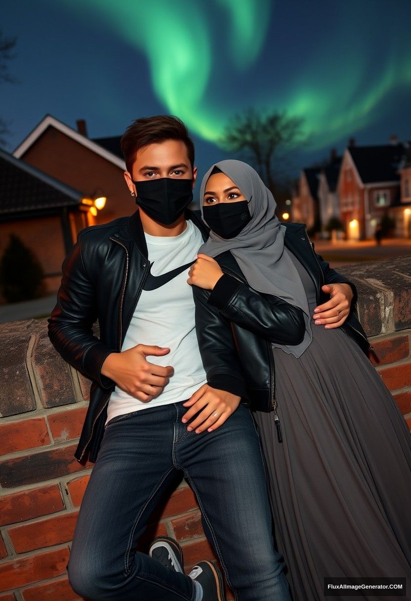 Jamie Dornan, tall and handsome, wearing a black face mask, a white Nike T-shirt, and jeans, is on a romantic date with a beautiful Muslim girl wearing a grey hijab. She has beautiful eyes, a black face mask, a leather jacket, and is wearing a very long and wide skirt. She is not a tall girl. They are laying against a brick wall in town, in a photorealistic style, capturing street photography, selfies, and the night scenery with the aurora borealis.