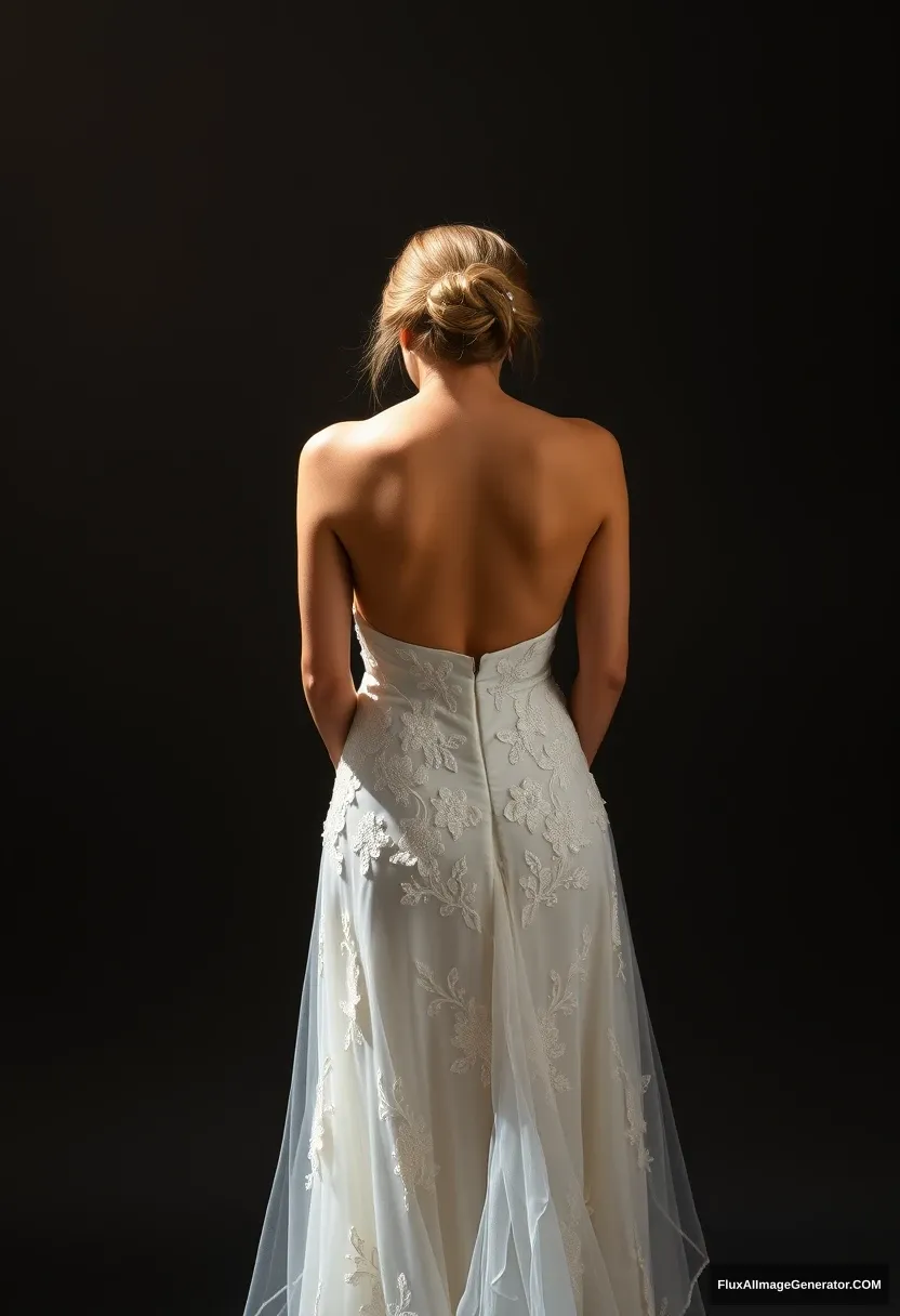 a short young woman, sensitive, delicate, ashamed, backless strapless side-less low-waisted falling contouring wedding dress, in front of patriarchy, expectations - Image