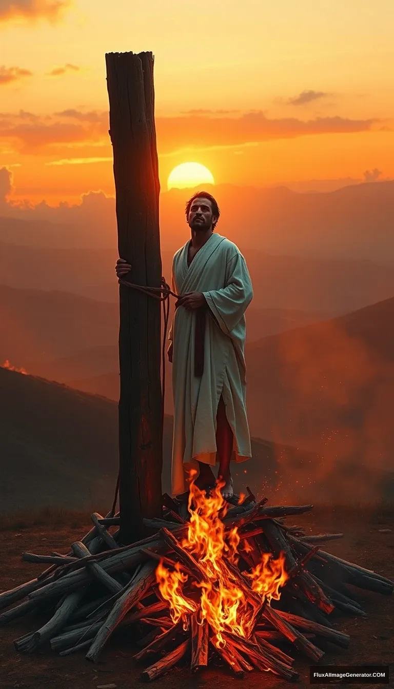 A lone figure, dressed in a white robe, is tied to a towering wooden pole on a barren hilltop. The sky is ablaze with the orange and red of a sunset, a large fire burning through the pile of wood beneath his feet, his clothes burning. The figure's face is turned toward the sky, his expression calm and accepting. Dramatic lighting, cinematic, highly detailed, digital painting. - Image