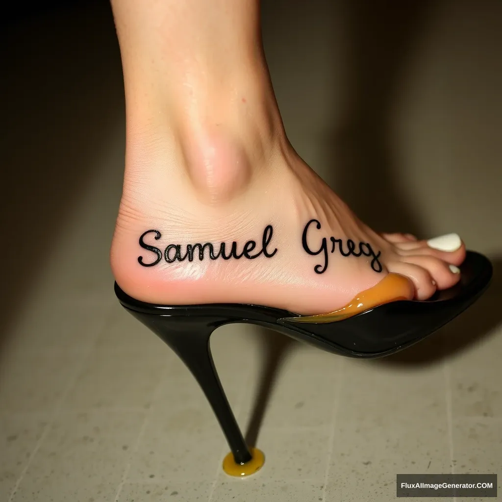 The name "Samuel Greg" on a woman's foot in a black high heel. There is oil all over the foot. - Image