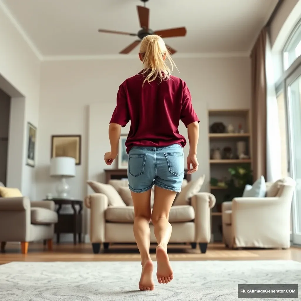 Front view of a skinny blonde woman in her large living room, wearing an oversized dark red polo shirt that is uneven on one shoulder. She has on big light blue denim shorts that reach her knees and is barefoot. She faces the camera as she gets off her chair and runs towards it, with both arms straight down at her sides.