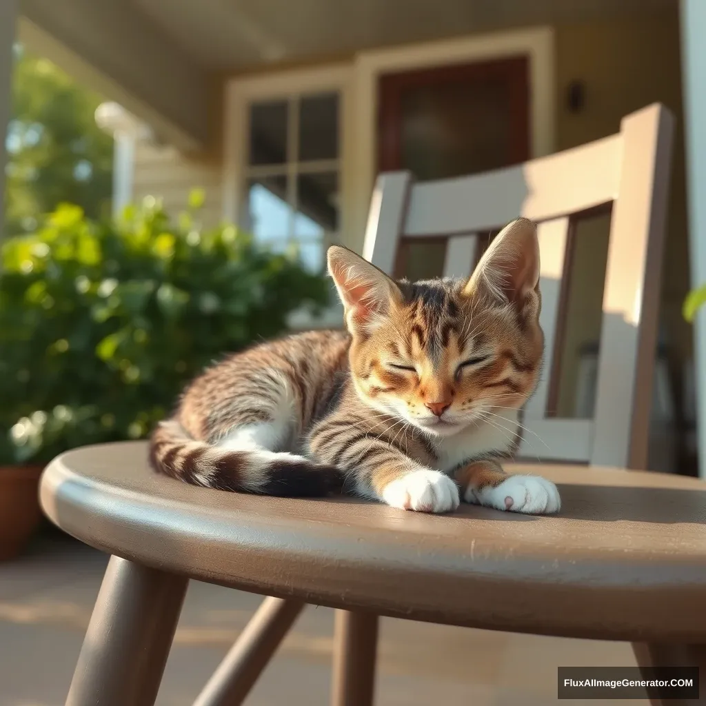 A small cat is sleeping on the chair in front of the house, with sunlight shining down from the upper left. - Image