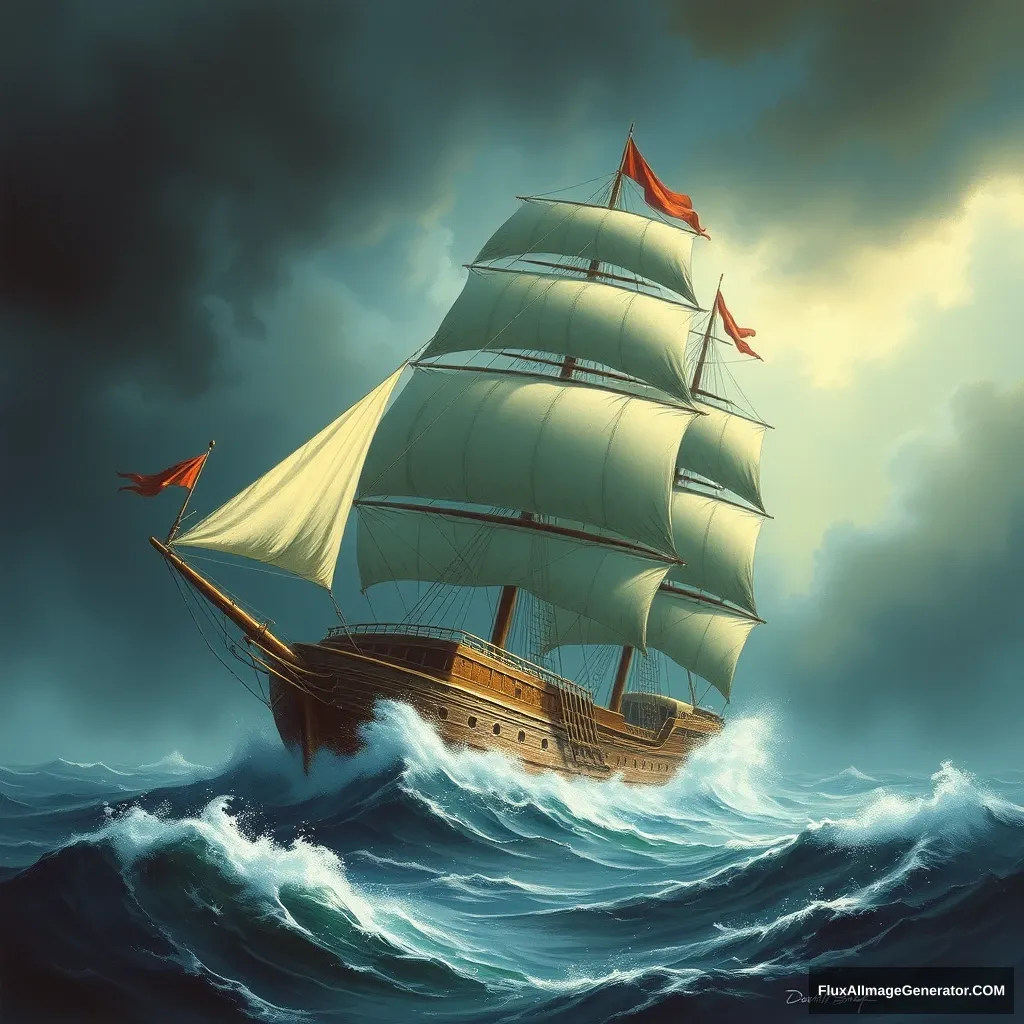 "The giant ship sailing in the storm, realistic style." - Image