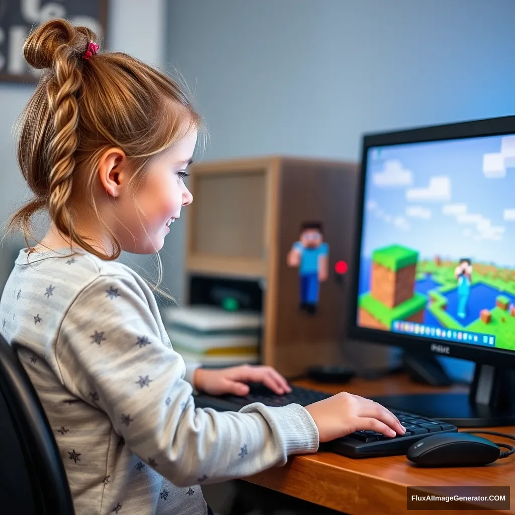 A little girl is playing Minecraft on the computer screen.