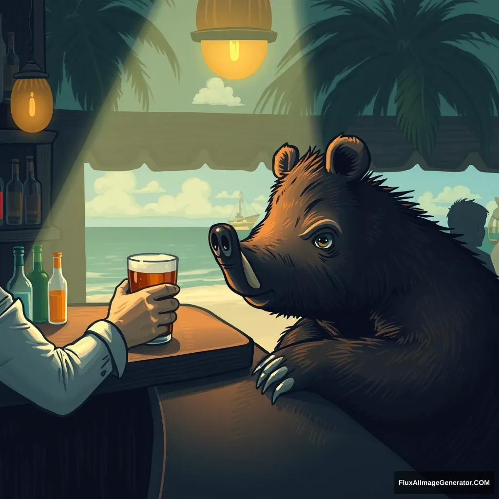 A bear having a beer at a bar with a boar in Bermuda. - Image