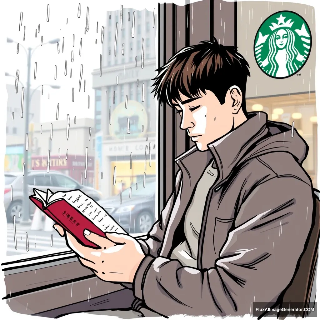 "Draw a man reading a book by the window of a Starbucks on a rainy day in South Korea."