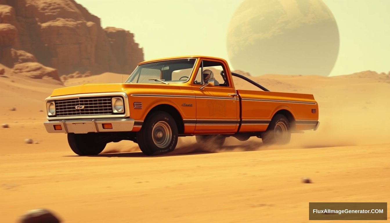 1972 C10 pickup racing on Mars, an astronaut is driving seated on the left side of the cab. - Image