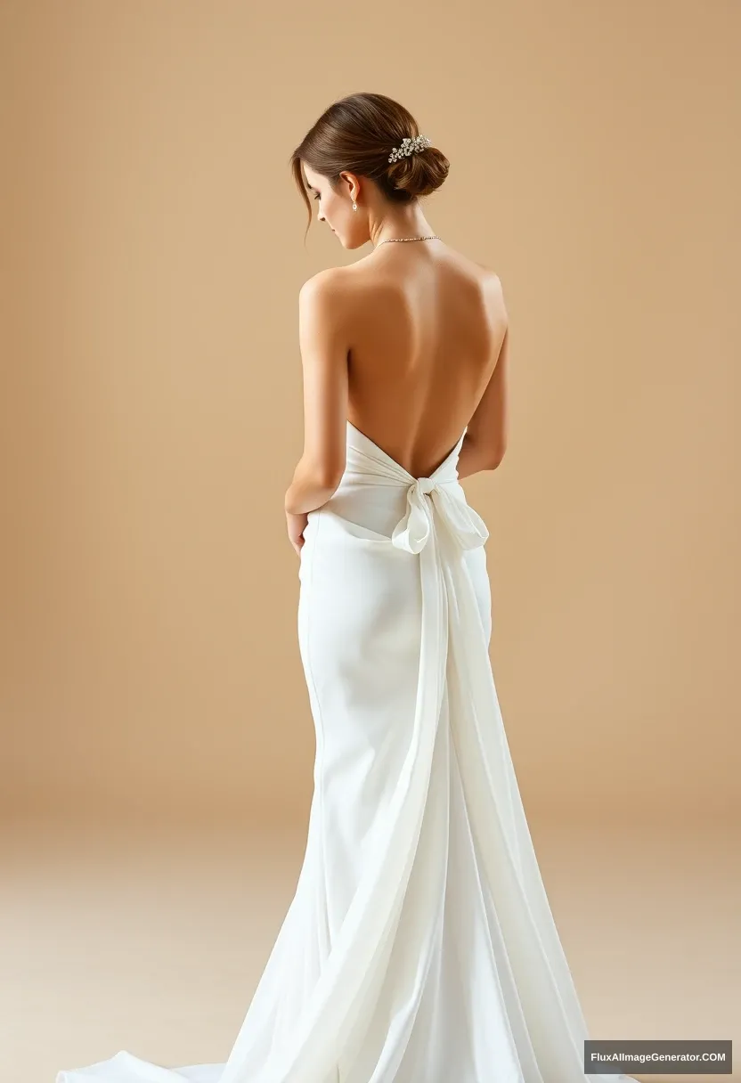 A short young woman, sensitive, delicate, backless strapless side-less low-waisted contouring wedding dress with a loose open back spilling to the sides, that seems like it was left intentionally open, in front of elder patriarchy, expectations, perfect posture.