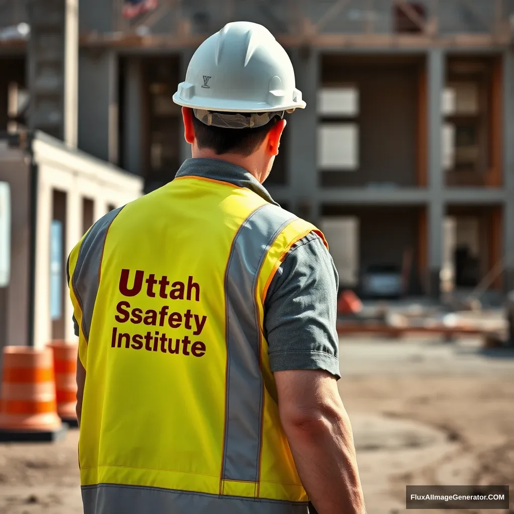 A photorealistic image of a construction worker walking away from a construction site. The construction worker is facing toward the camera. The construction worker is about 10 feet away from the camera. He is wearing a yellow vest that has “Utah Safety Institute” in white letters on the left chest. He is also wearing a white safety hat. - Image