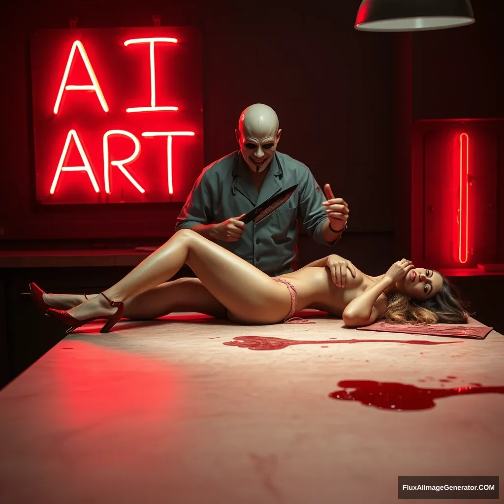 A woman lay on the butcher table in high heels at night, with a neon sign that said: "AI ART". A horrible butcher wearing a mask stood behind in the dark, holding a bloody butcher's knife.