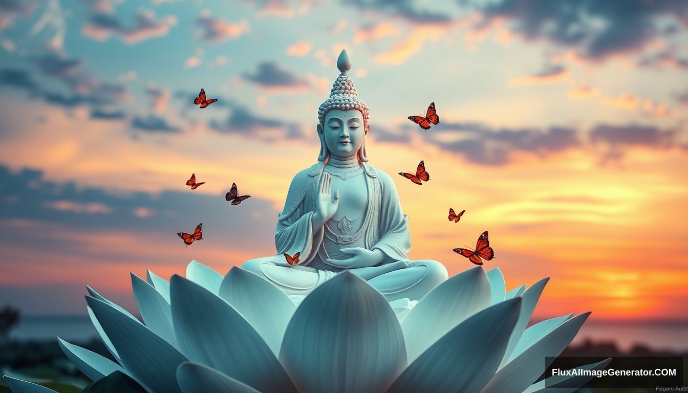 A peaceful meditating Avalokitesvara Bodhisattva statue made of marble, sitting in a white lotus, with butterflies flying around the lotus, under the blue and magenta-toned sunset clouds.