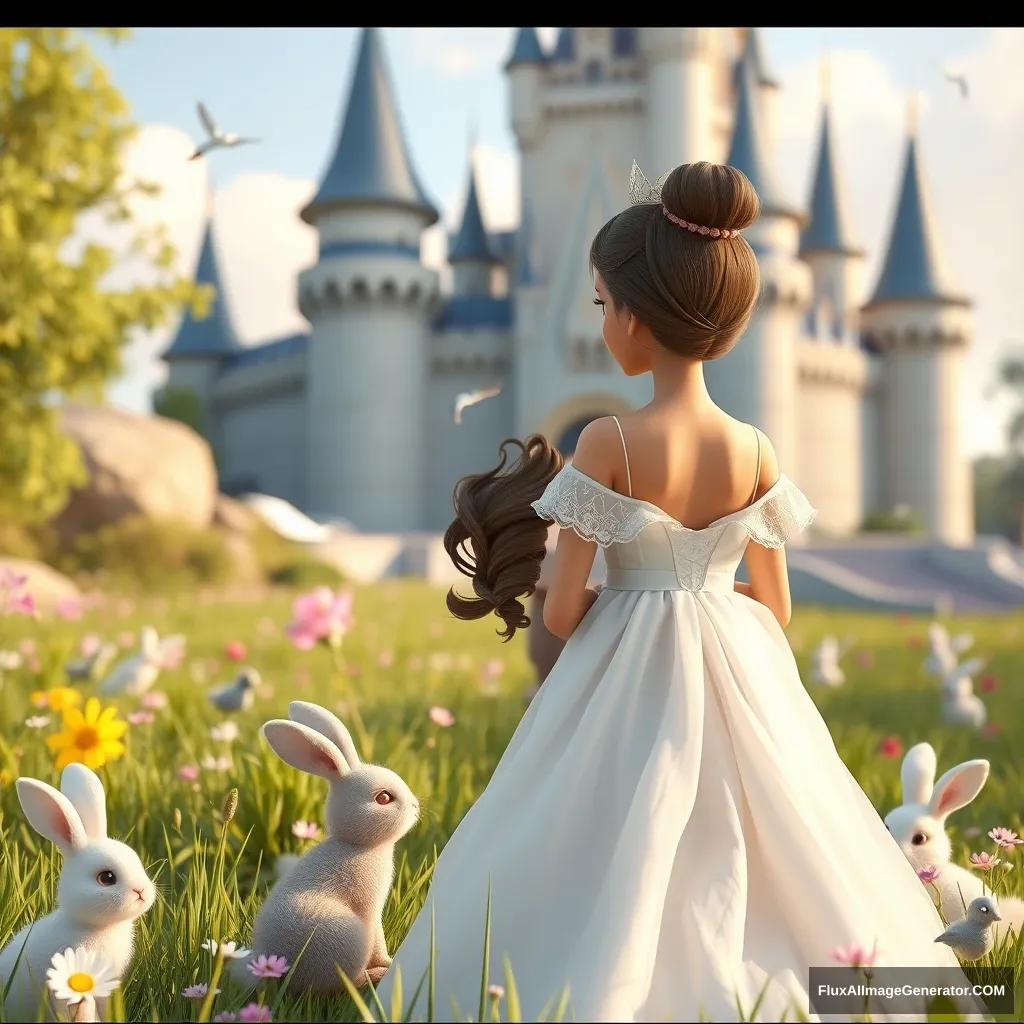 A princess in a white chiffon dress, looking ahead in the grass in front of the castle, with cute furry bunnies, birds, flowers, a magical world, Disney style, 3D rendering, natural light, high-definition picture quality, 8k, - niji 6. - Image