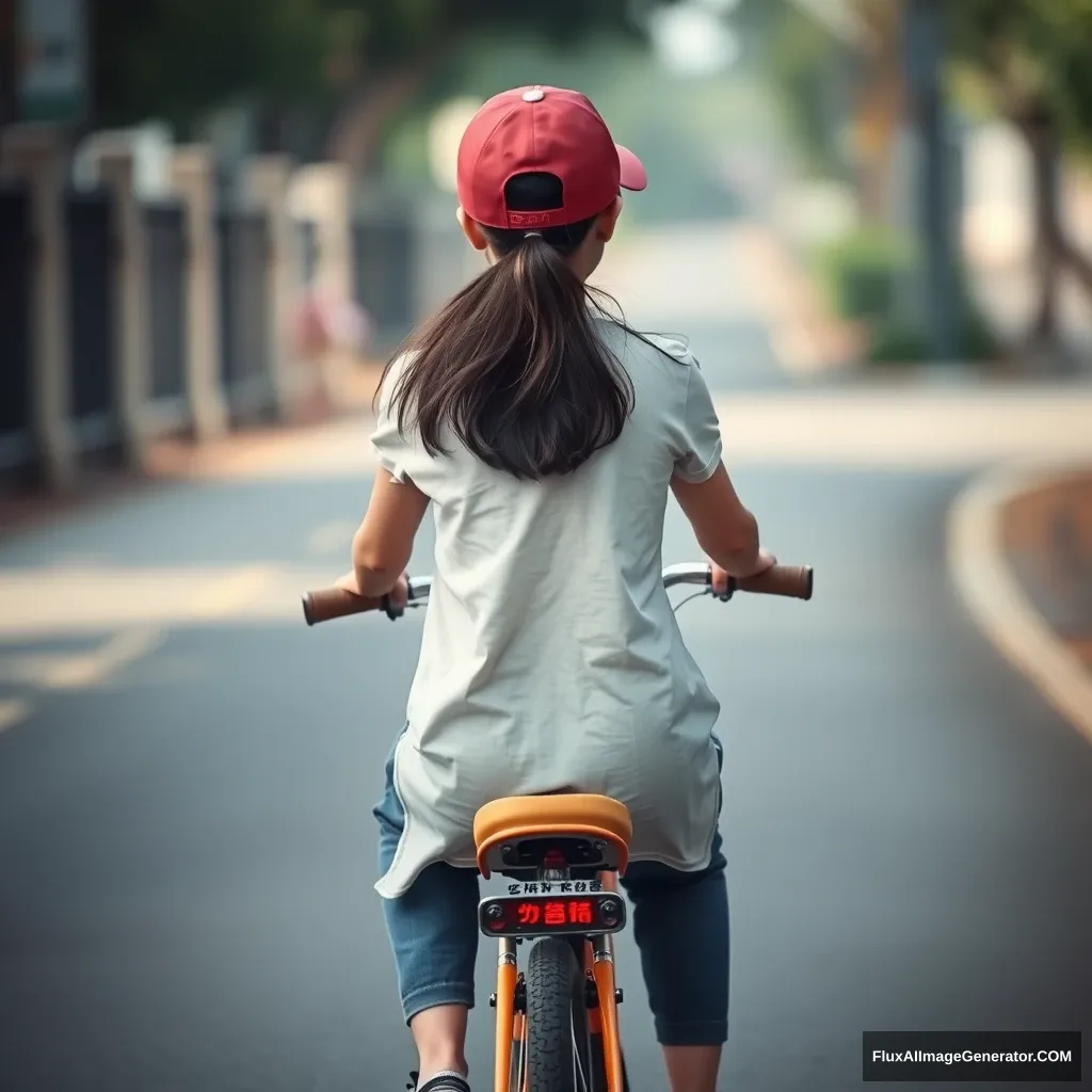 "A girl riding a bicycle, from a perspective behind, Chinese." - Image