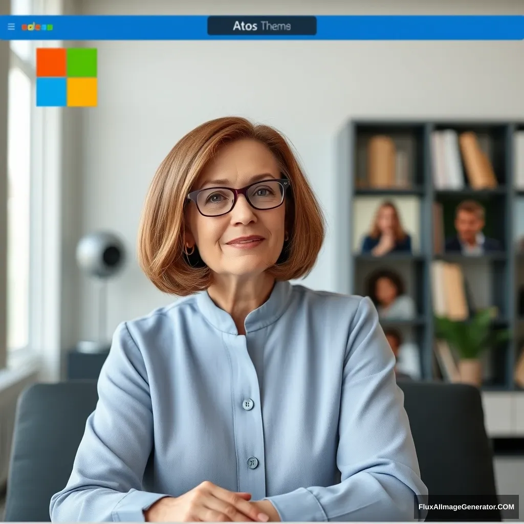 Microsoft online teams meeting for "Atos" presented by a white woman with brown bobbed hair, in her fifties.