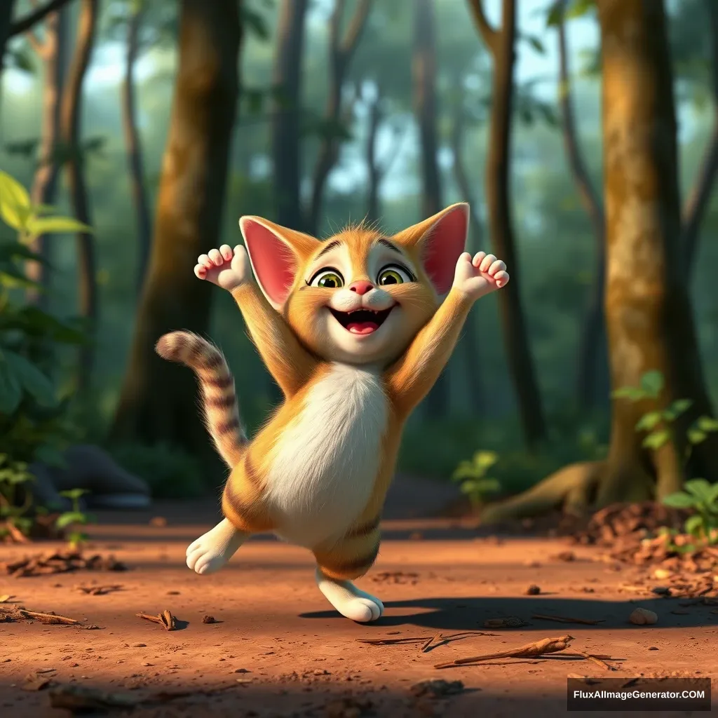 A little cat, dancing happily, in the forest, with high quality, Pixar.