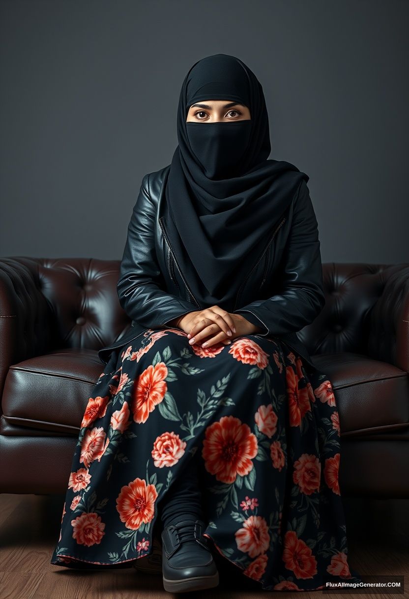 A big black hijab girl, burqa, beautiful eyes, black leather jacket, biggest floral long dress, black leather sneakers, sitting on a leather single sofa, hyper-realistic, studio photography.